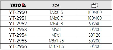 機用絲錐YT-2950,YT-2951,YT-2952,YT-2953,YT-2954,YT-2955,YT-2956參數表